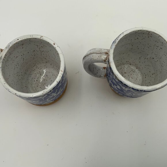 (2) Handcrafted Blue and White Floral Transferware White Speckled Coffee Mugs - Picture 6 of 13